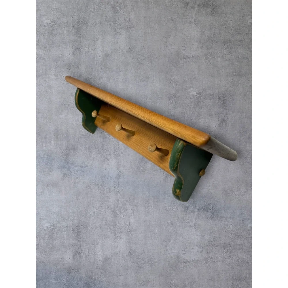 Idle Hands Wood Wall Shelf 18 Inch Brown Green 3 Peg Farmhouse Rack
